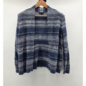 Chaps Womens Pluz 1X Sweater Knit Cardigan Blue Stripe Cotton Open Front Cozy